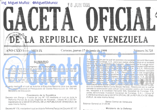 Gaceta Oficial 36725 del 17 Junio 1999