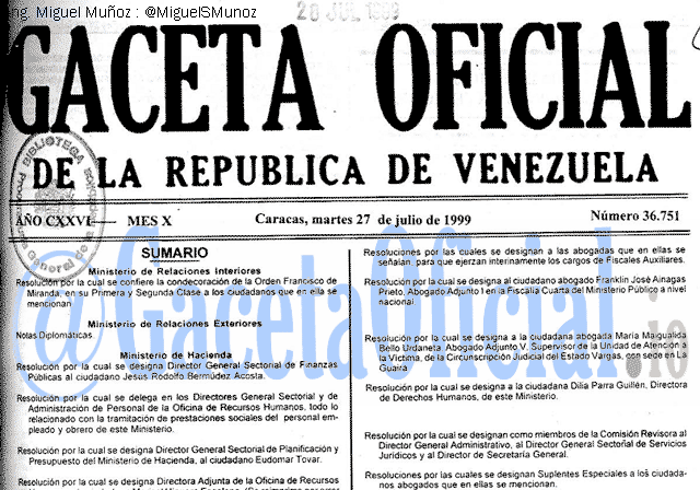 Gaceta Oficial 36751 del 27 Julio 1999