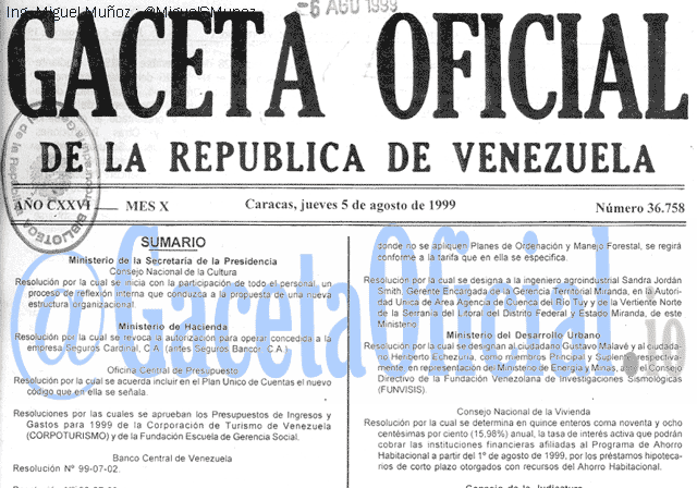 Gaceta Oficial 36758 del 5 Agosto 1999