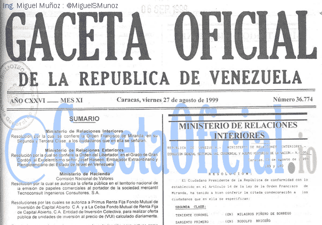 Gaceta Oficial 36774 del 27 Agosto 1999