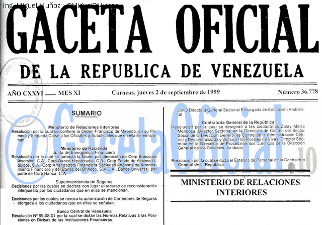 Gaceta Oficial 36778 del 2 Septiembre 1999