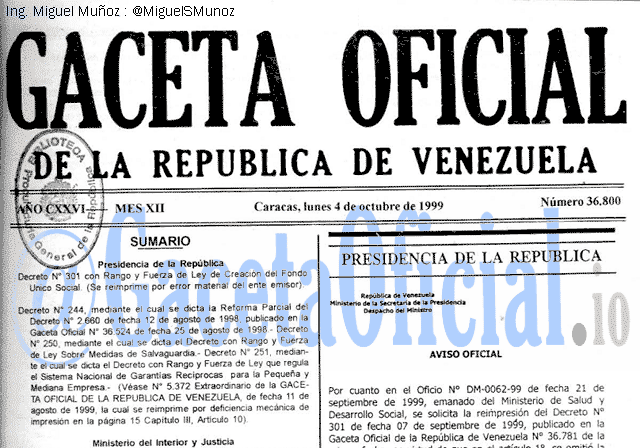 Gaceta Oficial 36800 del 4 Octubre 1999