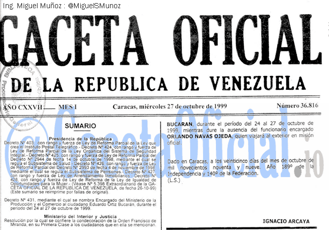 Gaceta Oficial 36816 del 27 Octubre 1999