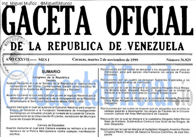 Gaceta Oficial 36820 del 2 Noviembre 1999