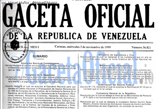 Gaceta Oficial 36821 del 3 Noviembre 1999