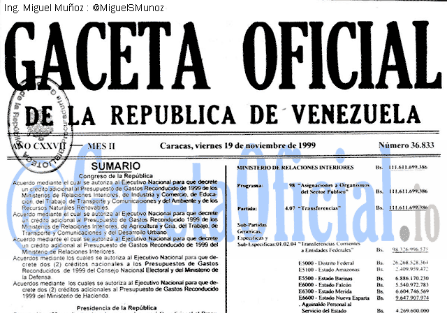 Gaceta Oficial 36833 del 19 Noviembre 1999