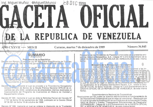 Gaceta Oficial 36845 del 7 Diciembre 1999