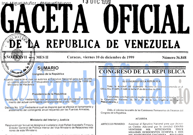 Gaceta Oficial 36848 del 10 Diciembre 1999