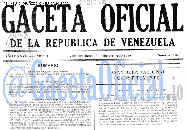 Gaceta Oficial 36849 del 13 Diciembre 1999