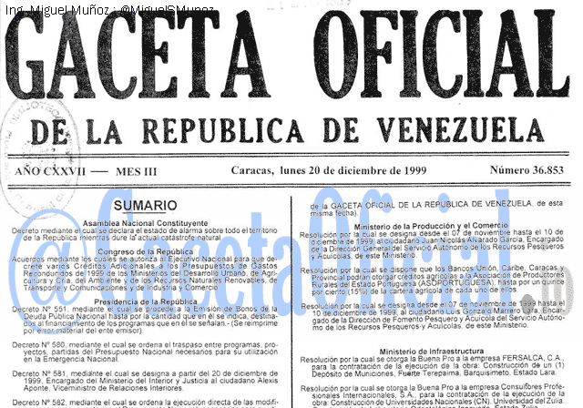 Gaceta Oficial 36853 del 20 Diciembre 1999