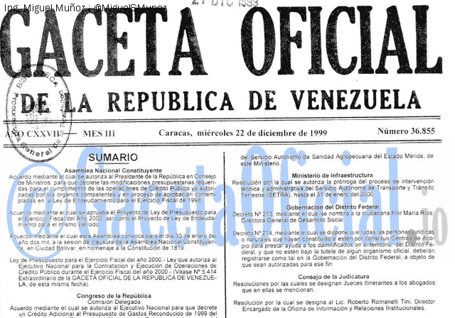 Gaceta Oficial 36855 del 22 Diciembre 1999