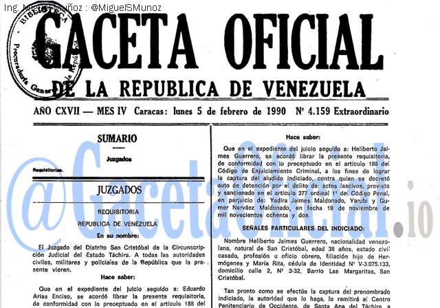 Gaceta Oficial 4159 del 5 Febrero 1990