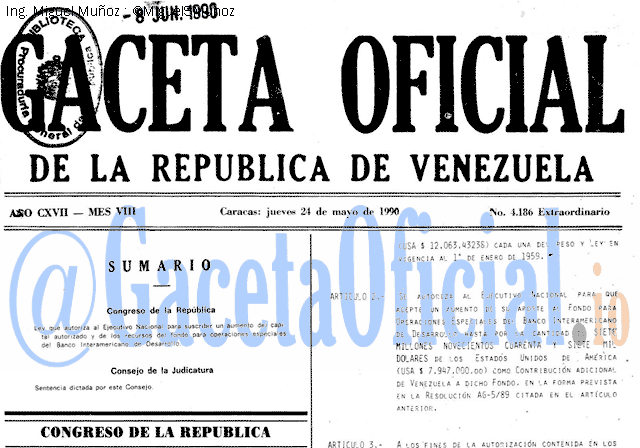 Gaceta Oficial 4186 del 24 Mayo 1990