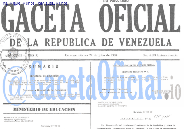 Gaceta Oficial 4193 del 27 Julio 1990