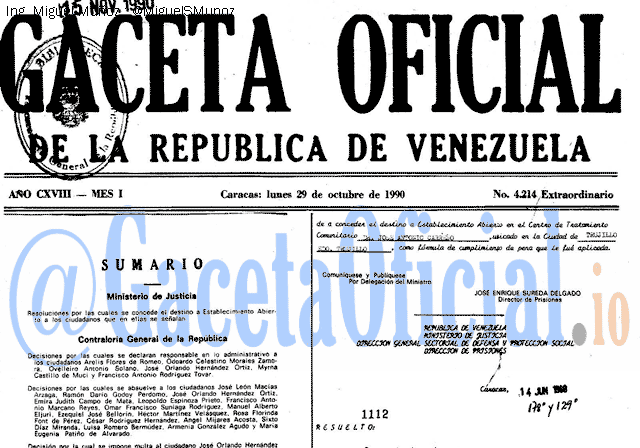Gaceta Oficial 4214 del 29 Octubre 1990