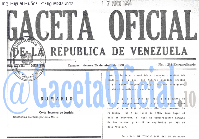 Gaceta Oficial 4234 del 26 Abril 1991