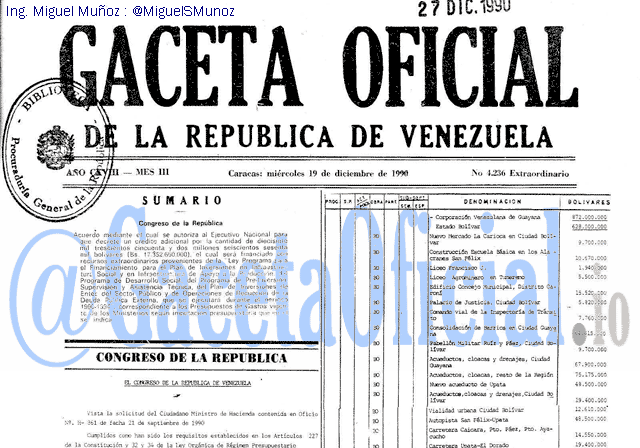 Gaceta Oficial 4236 del 19 Diciembre 1990