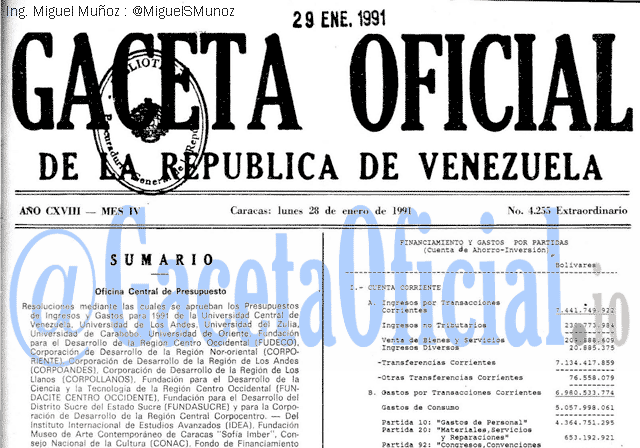 Gaceta Oficial 4255 del 28 Enero 1991