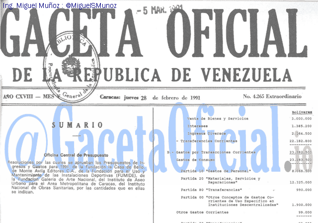 Gaceta Oficial 4265 del 28 Febrero 1991