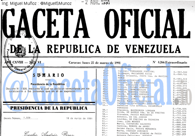 Gaceta Oficial 4266 del 25 Marzo 1991
