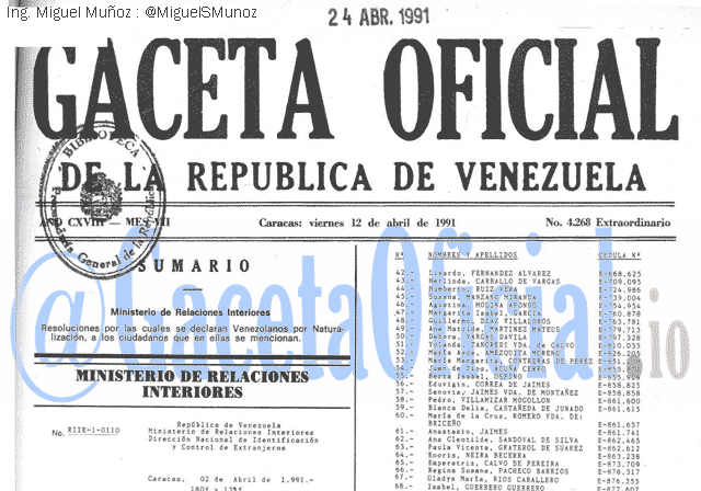 Gaceta Oficial 4268 del 12 Abril 1991
