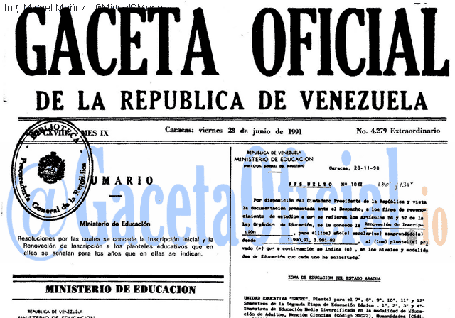Gaceta Oficial 4279 del 28 Junio 1991