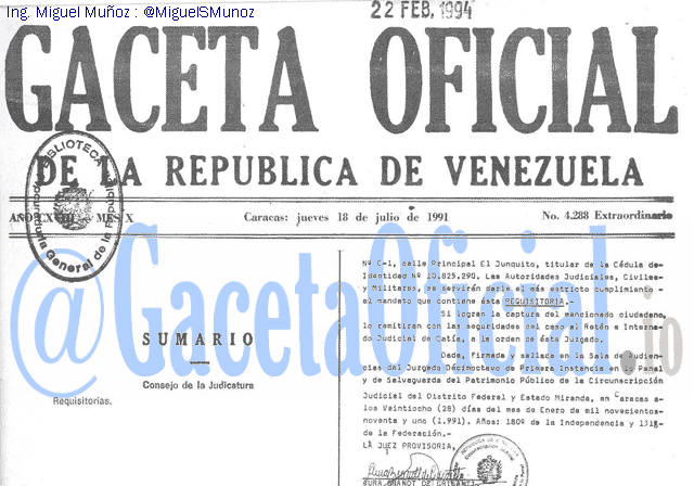 Gaceta Oficial 4288 del 18 Julio 1991