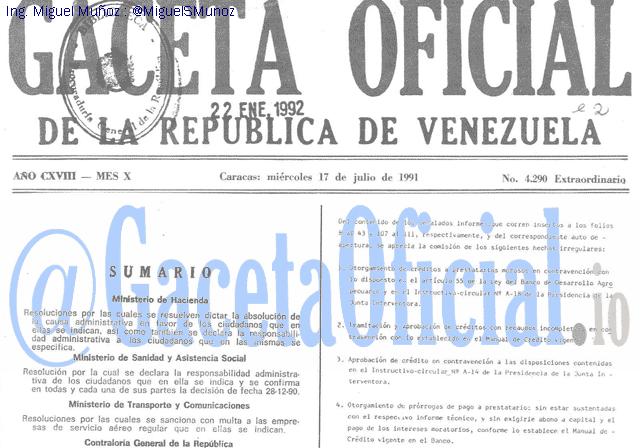 Gaceta Oficial 4290 del 17 Julio 1991
