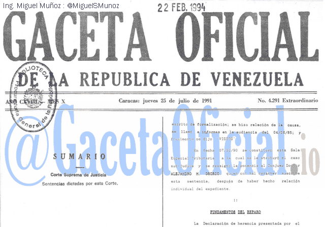 Gaceta Oficial 4291 del 25 Julio 1991