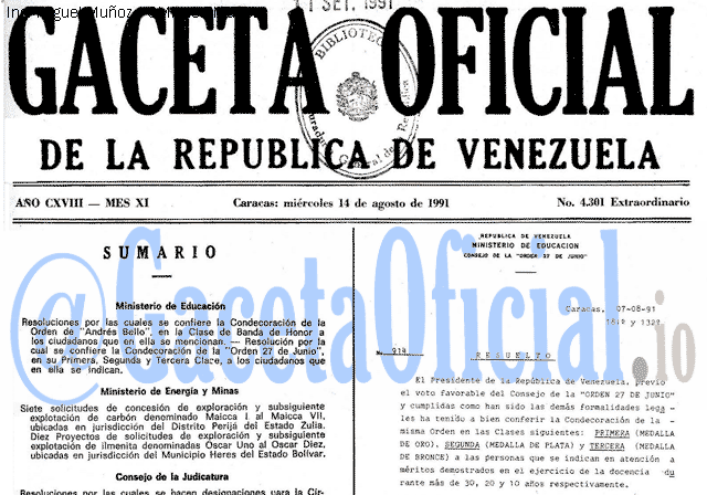 Gaceta Oficial 4301 del 14 Agosto 1991
