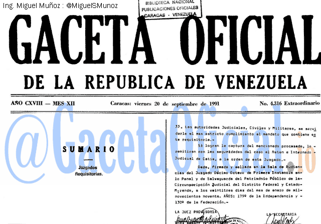Gaceta Oficial 4316 del 20 Septiembre 1991
