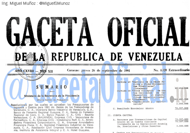 Gaceta Oficial 4320 del 26 Septiembre 1991