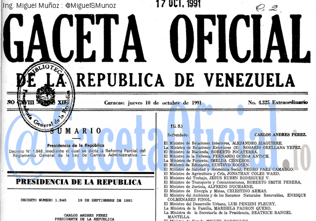 Gaceta Oficial 4325 del 10 Octubre 1991