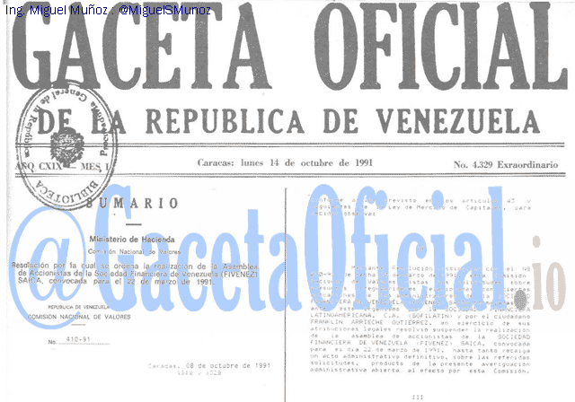Gaceta Oficial 4329 del 14 Octubre 1991
