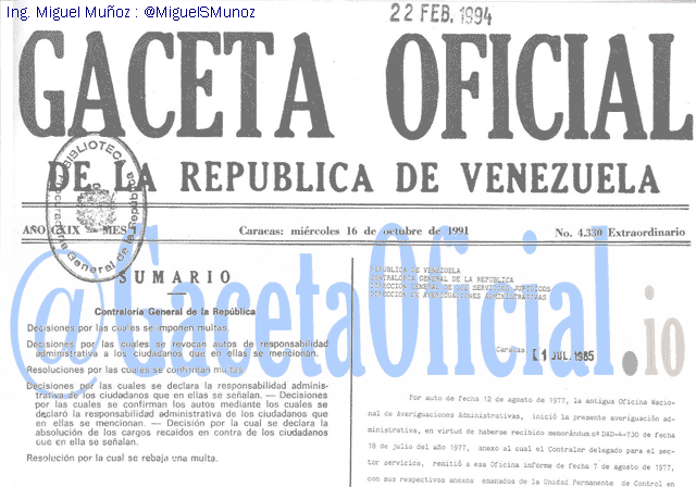 Gaceta Oficial 4330 del 16 Octubre 1991