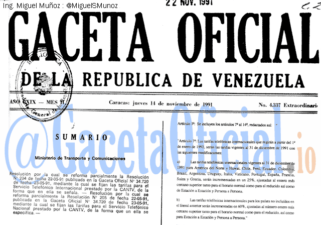 Gaceta Oficial 4337 del 14 Noviembre 1991