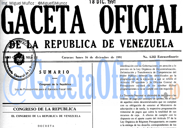 Gaceta Oficial 4343 del 16 Diciembre 1991