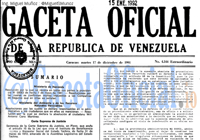 Gaceta Oficial 4344 del 17 Diciembre 1991
