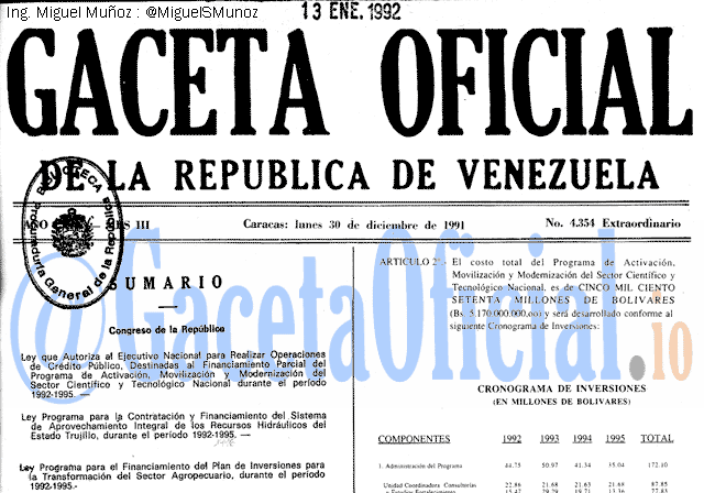 Gaceta Oficial 4354 del 30 Diciembre 1991