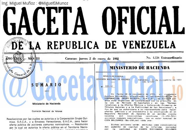 Gaceta Oficial 4356 del 2 Enero 1992