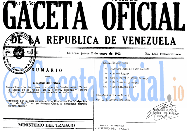 Gaceta Oficial 4357 del 2 Enero 1992