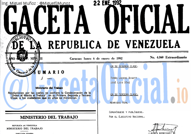 Gaceta Oficial 4360 del 6 Enero 1992