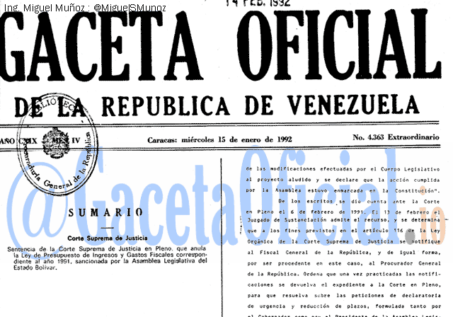 Gaceta Oficial 4363 del 15 Enero 1992
