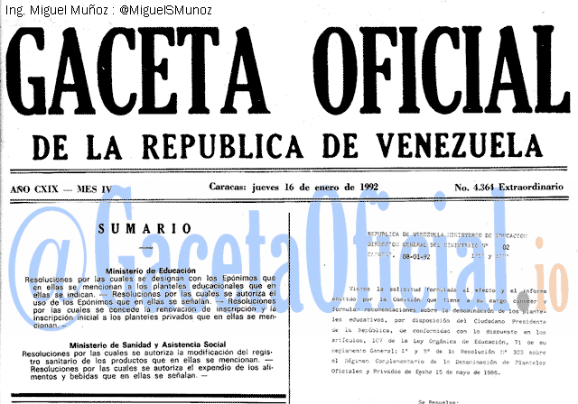 Gaceta Oficial 4364 del 16 Enero 1992