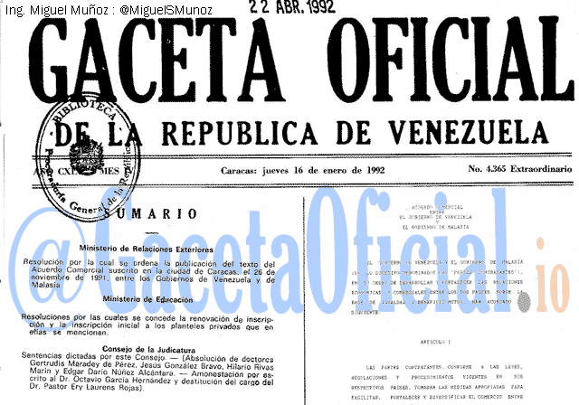 Gaceta Oficial 4365 del 16 Enero 1992