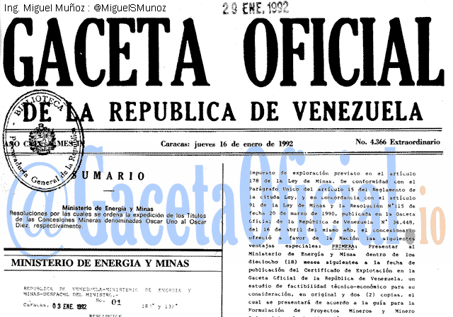 Gaceta Oficial 4366 del 16 Enero 1992