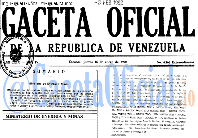 Gaceta Oficial 4368 del 16 Enero 1992