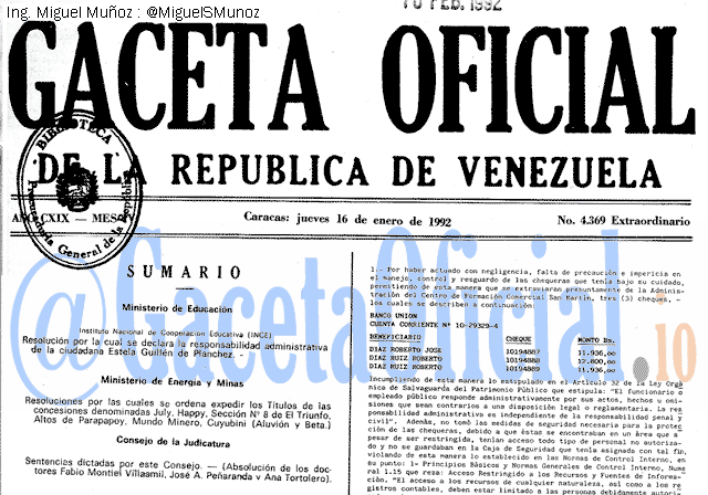 Gaceta Oficial 4369 del 16 Enero 1992