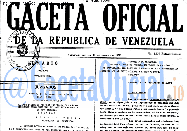 Gaceta Oficial 4370 del 17 Enero 1992