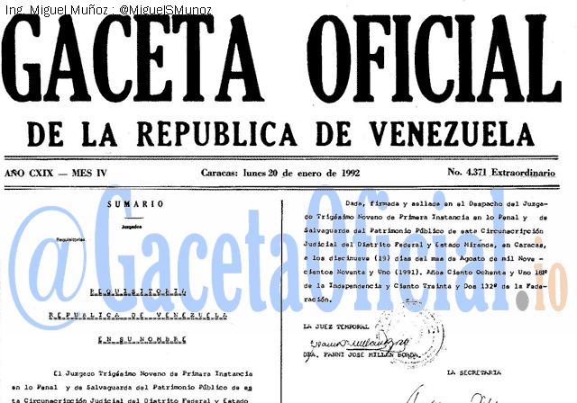 Gaceta Oficial 4371 del 20 Enero 1992